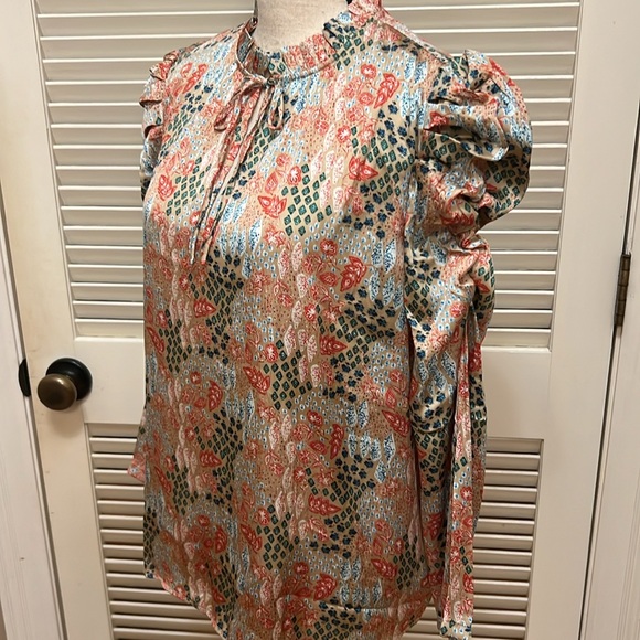 Loft Garden Cinched Sleeve Ruffle Tie Neck Mixed Media Top in Sandy Cove - Picture 7 of 16